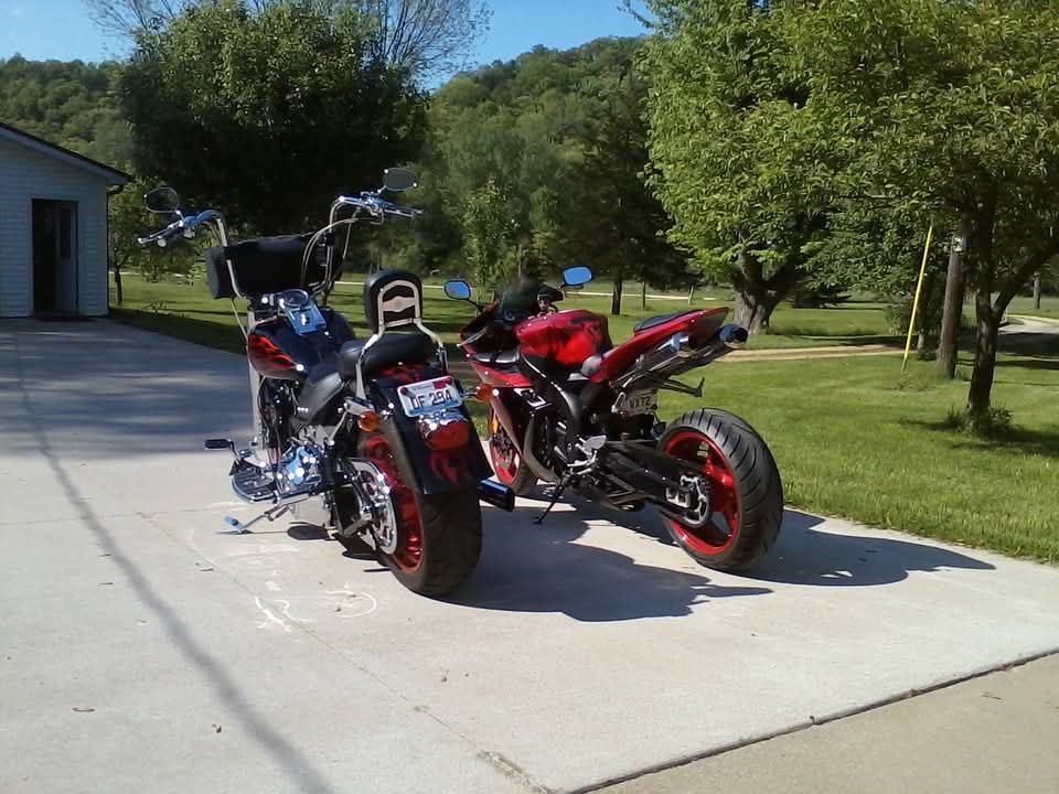 Like Father, Like Son — Tony's cruiser and Eli's sportbike side by side